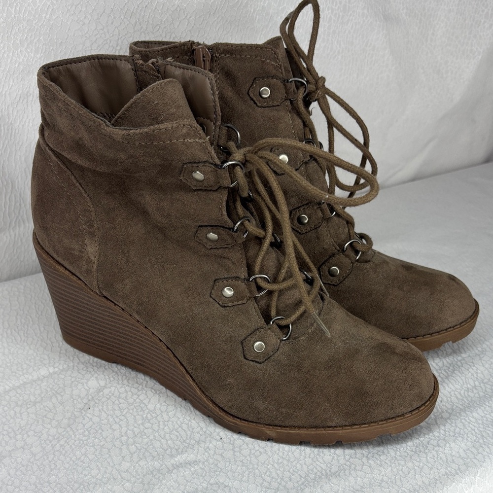 Sam Edelman Brown Suede Wedge Ankle Boots Lace Up Size 10